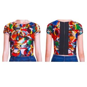 $440 Sequins Alice + Olivia Kaleidoscopic Crop Top 6 COLORFUL Back Stretch Panel
